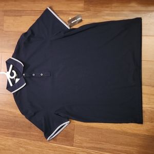 MICHAEL KORS - (L) Polo Navy Blue w/ White/Grey Stripes on Collar & Sleeves